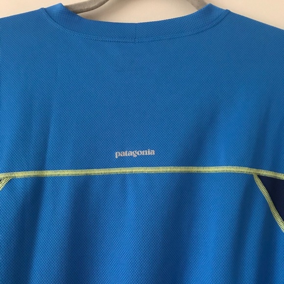 Patagonia Blue Neon Yellow Men’s Active Wear Wicking Outdoor Long Sleeve Shirt - Picture 8 of 10